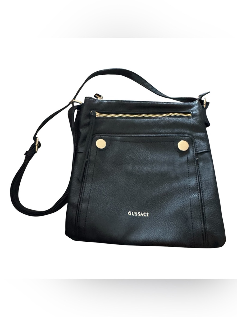 Gussaci Black Leather Crossbody Bag with Gold Hardware